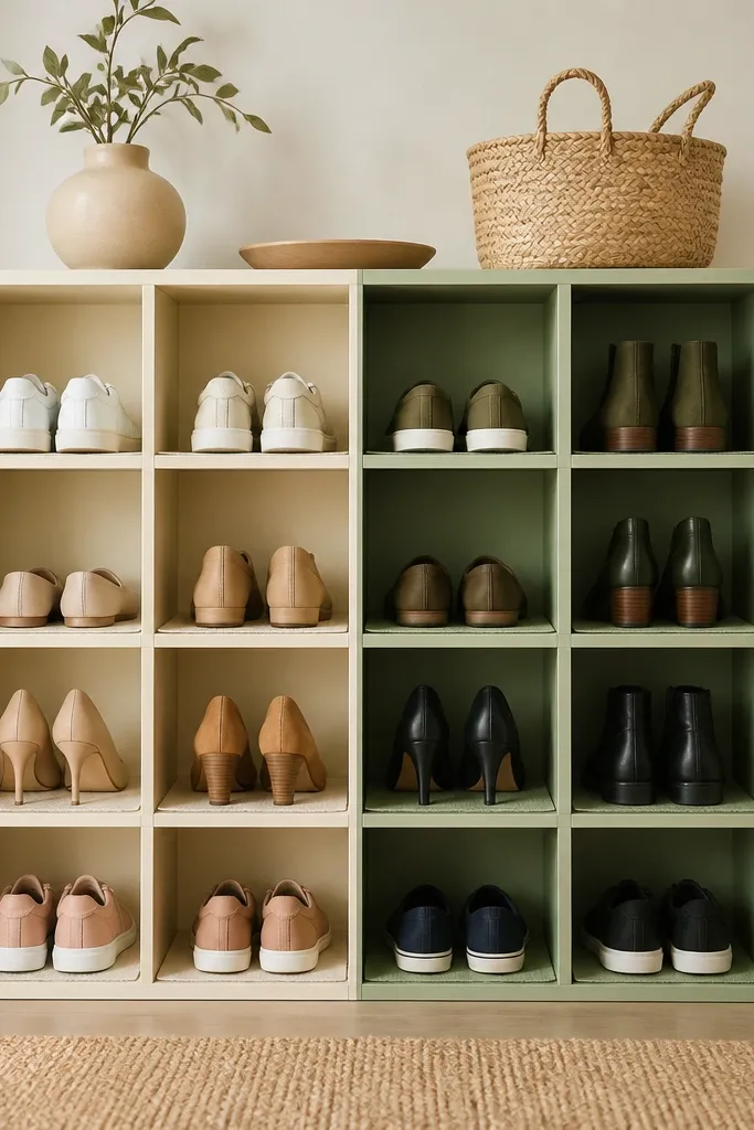 A cube shoe rack painted in two-tone blocks: warm cream and soft sage. Inside each compartment is a matching fabric shelf liner. Shoes are arranged by color, and the cube edges are crisp.
