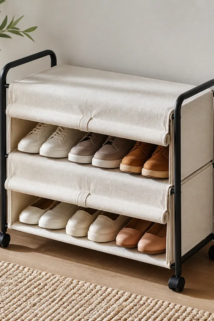 A compact rolling shoe cart with two tiers, each tier covered by a removable cloth cover. The cloth is cream with a subtle texture, and the cart has black side handles. Shoes sit neatly inside the covered tiers.