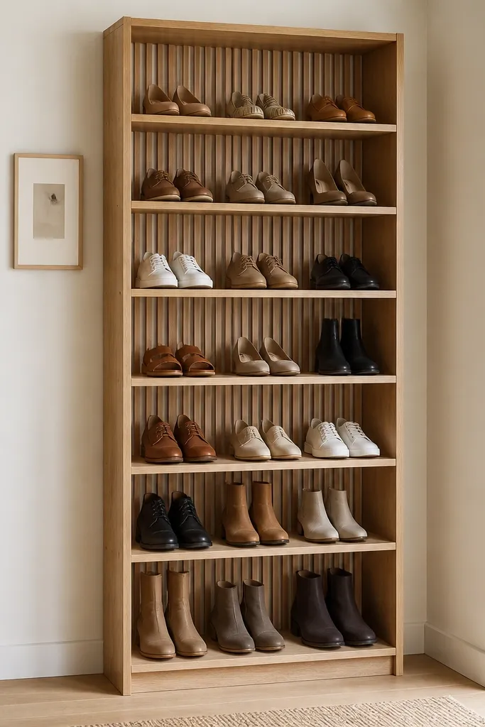 A tall shoe rack built like a bookcase, with multiple shelves and a slatted privacy back. The back slats are wood and evenly spaced, and shoes are placed in each cubby. The finish is light oak.