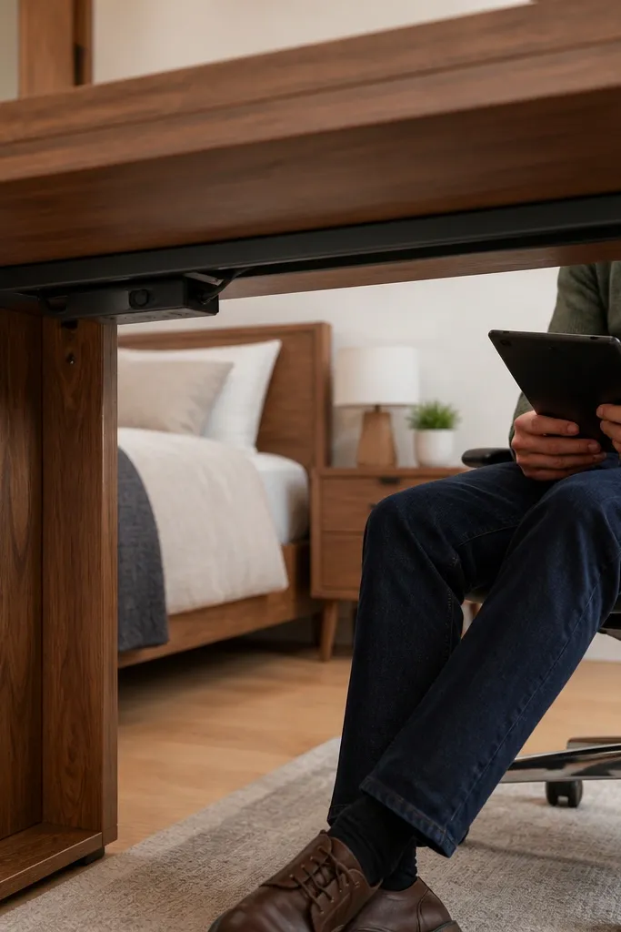 Light wood floating desk with a warm lamp and a slim cord slot
