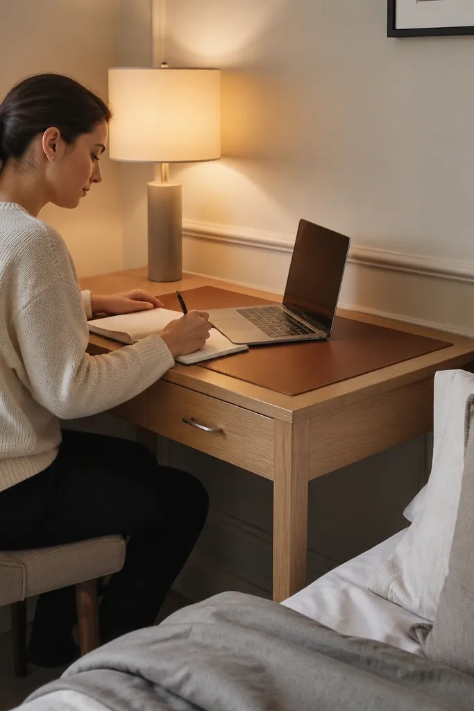 Slim writing table with one drawer and a warm lamp beside it