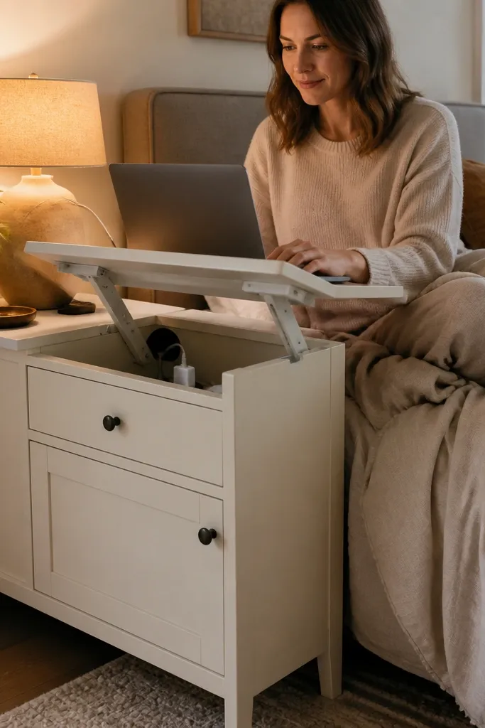 Lift-top bedside table with a warm lamp and a laptop on top