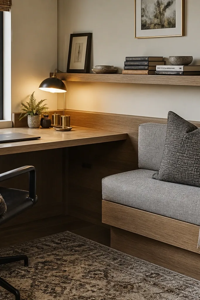 Corner bench desk with a book ledge and warm light on the wall