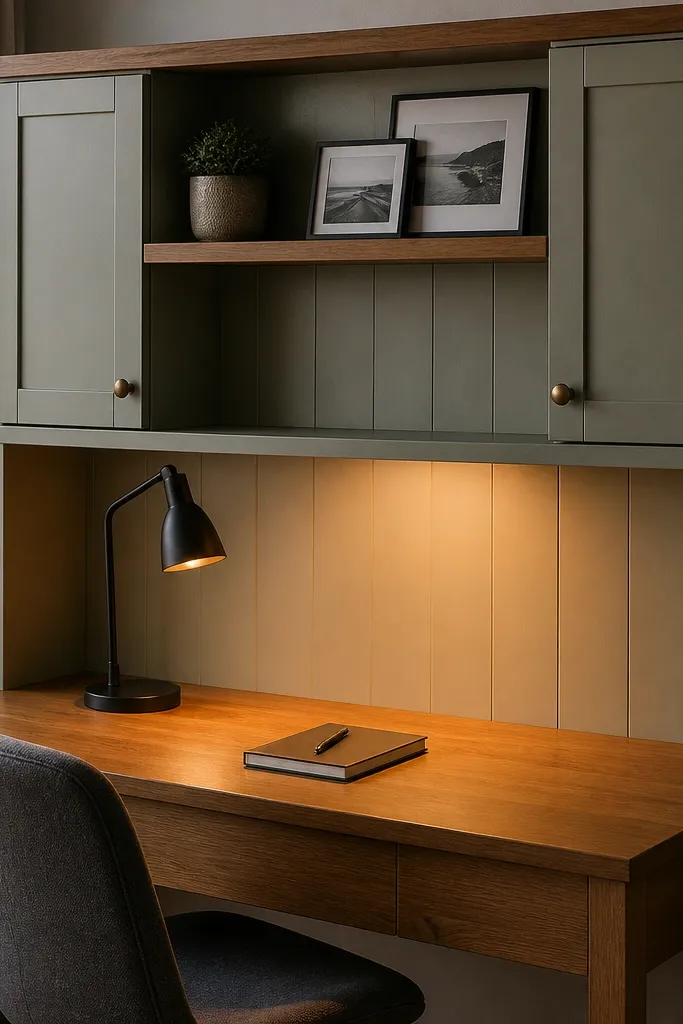 Desk with a closed cabinet hutch above and warm lamp lighting