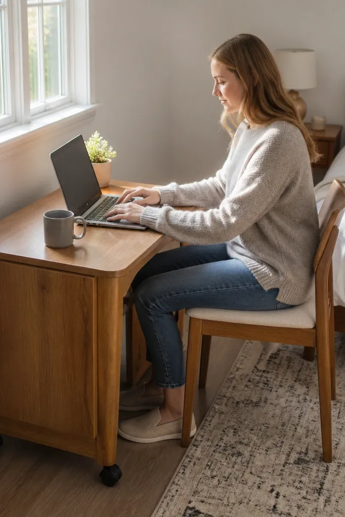 Drop-leaf desk with wheels and warm wood finish in a small room