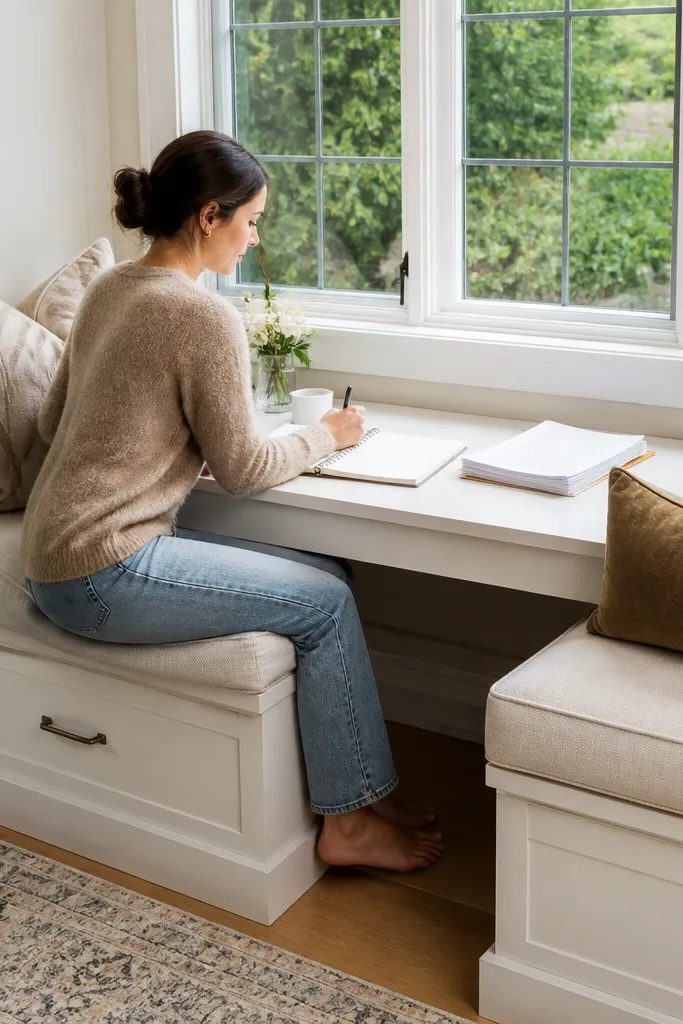 Window seat with a desk top and a hinged drawer for supplies