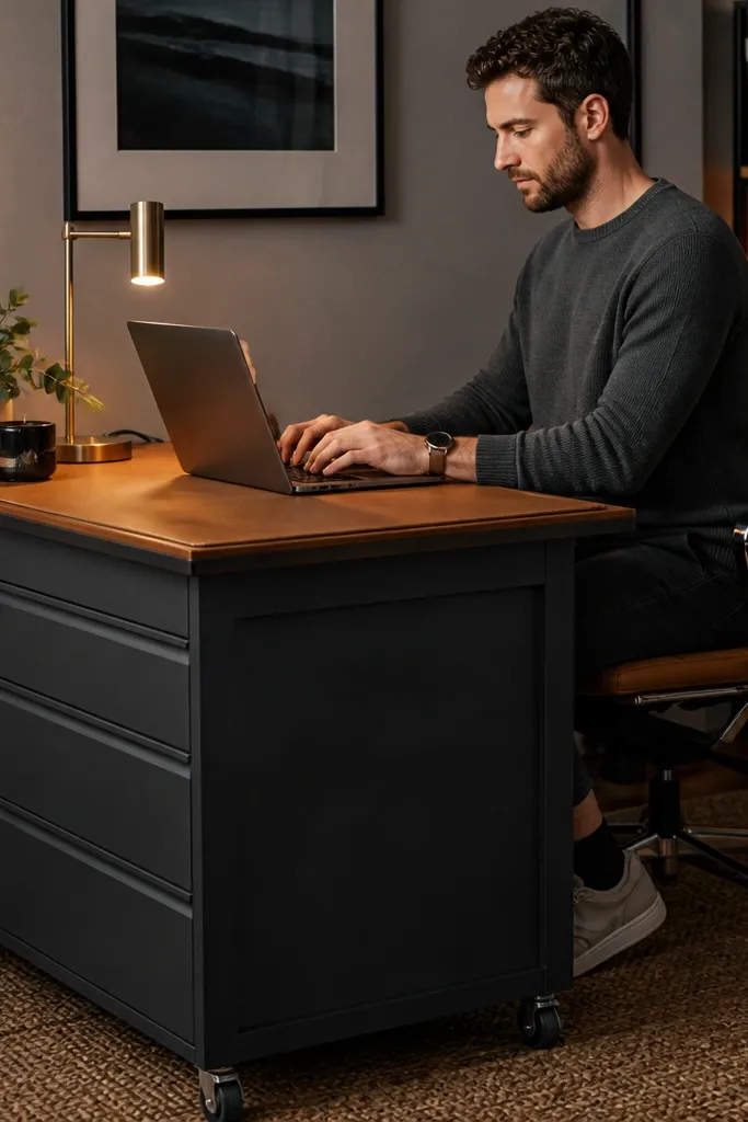 Rolling cabinet with a wood top and warm lamp on a small desk setup