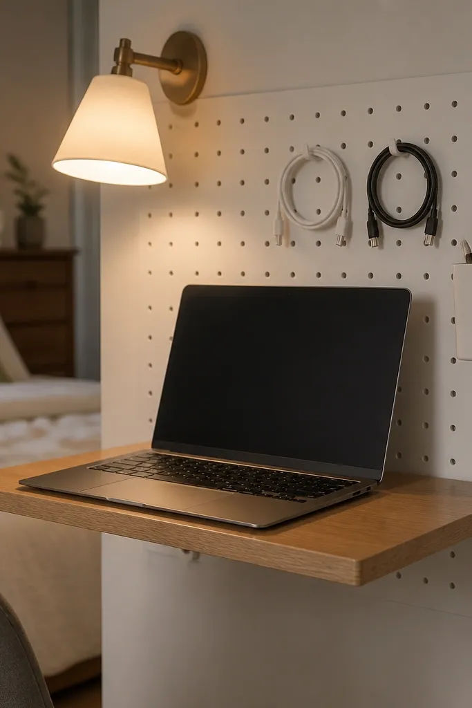 Small shelf desk attached to pegboard with a laptop and warm lamp