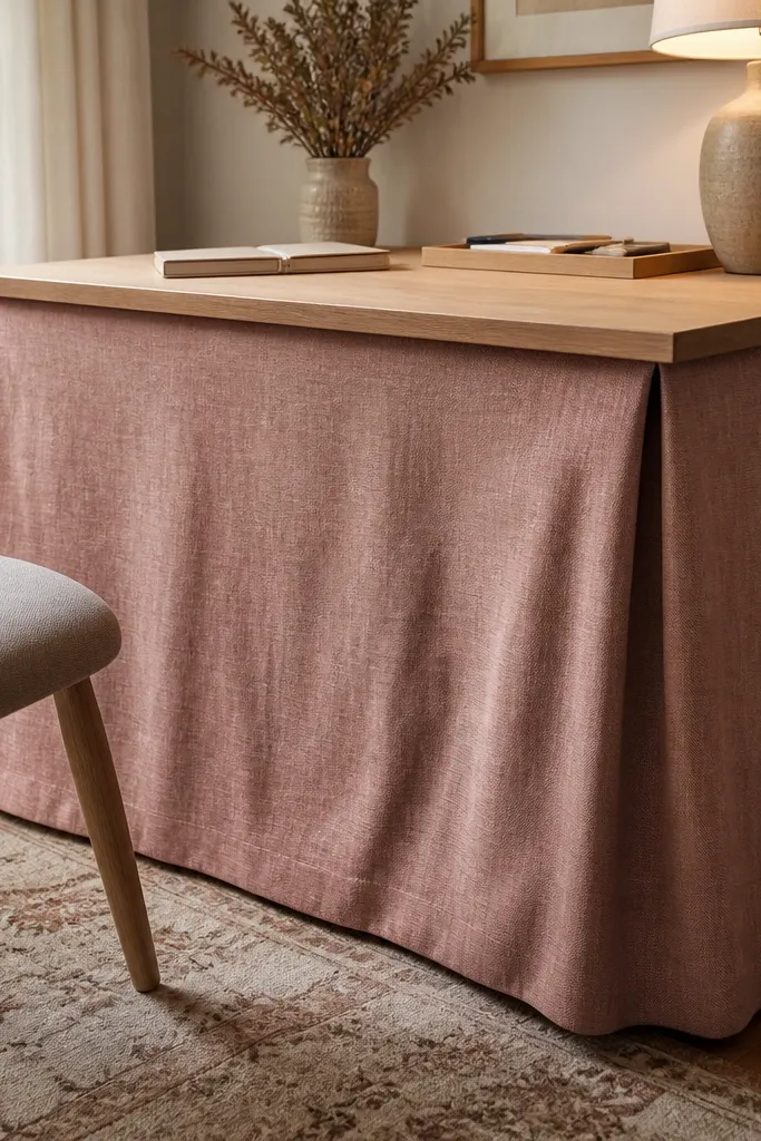 Desk with a fabric skirt hiding storage cubes and warm lamp glow