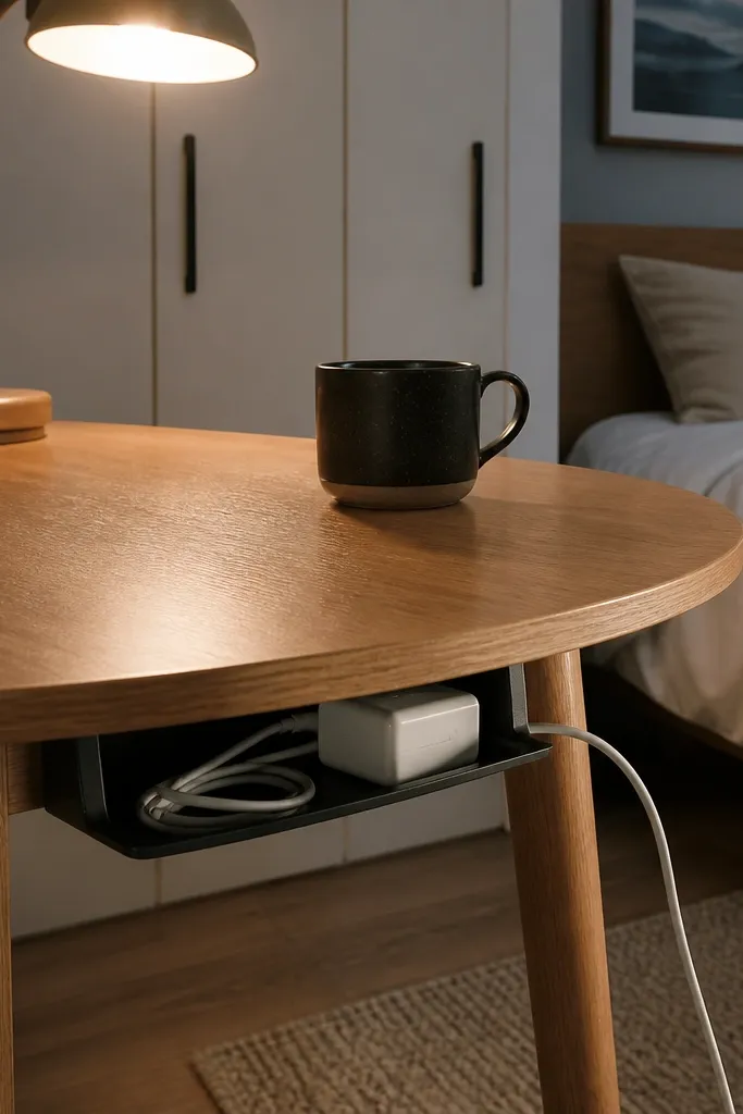 Round wooden writing table with a cable tray and warm lamp