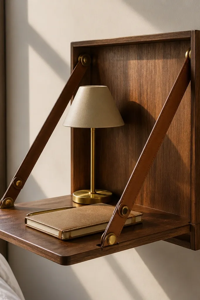 Wall-mounted drop shelf held by leather straps with a warm desk lamp