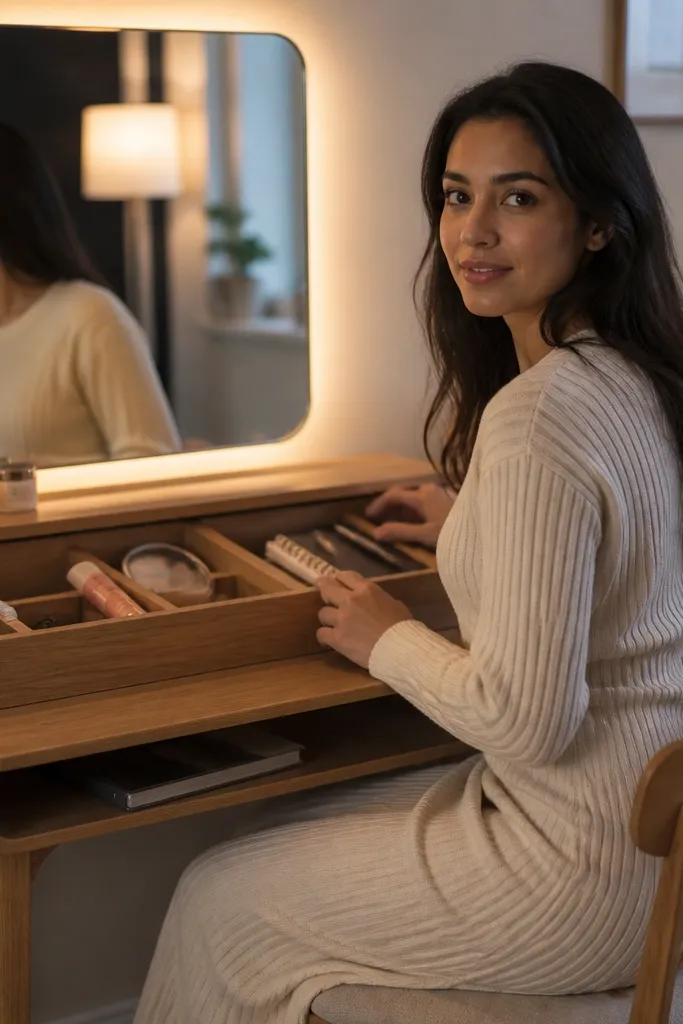 Small desk that doubles as vanity with a removable organizer tray and warm lamp