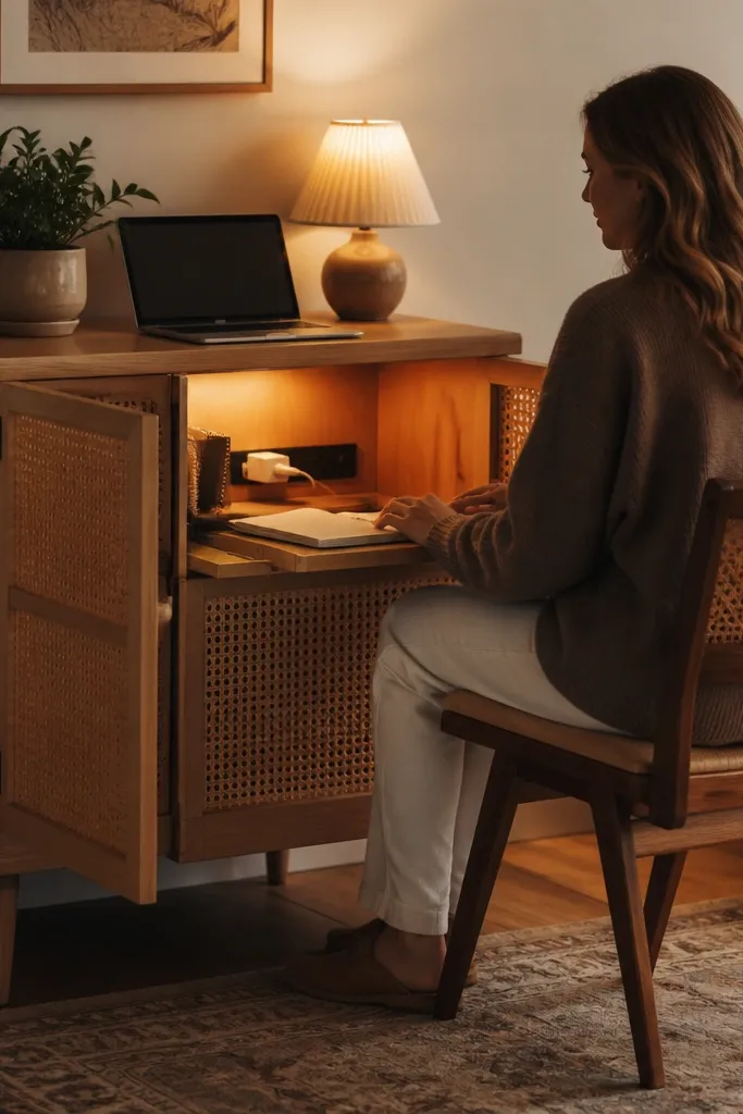 Cabinet desk with rattan doors, warm light inside, and a notebook on top