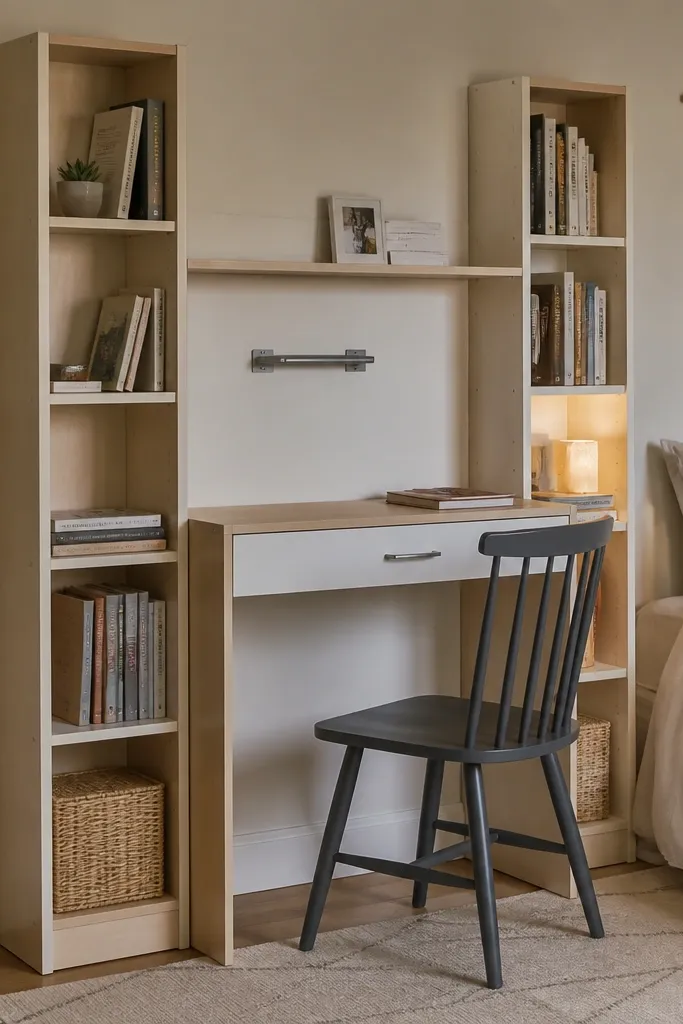 Bookshelf desk with a lower drawer and warm lamp in a small corner
