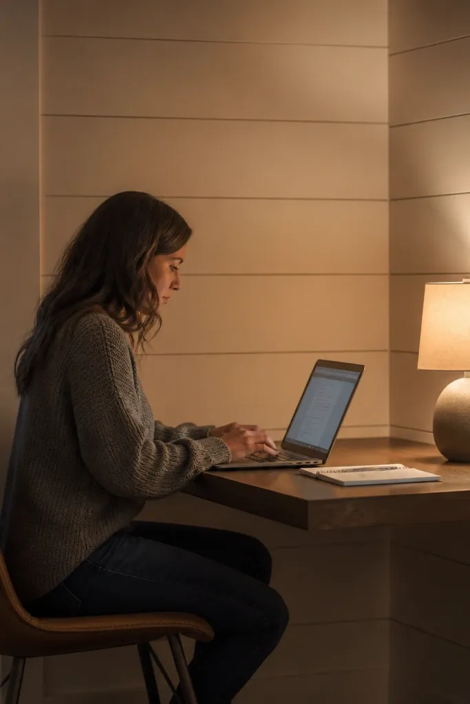 Floating shelf desk on a warm shiplap-style panel with a cozy lamp