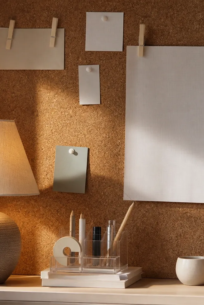 Cork board wall with a small wooden ledge desk and warm desk lamp