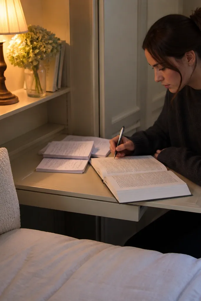 Bedside shelf desk with a pull-out tray holding notebooks and a warm lamp