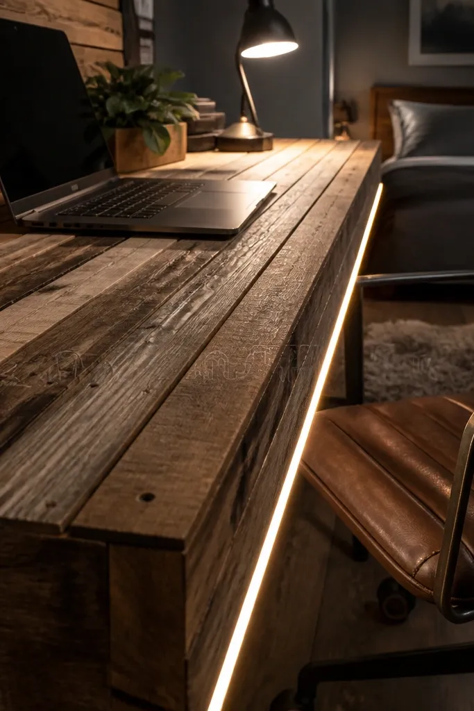 Slatted wood desk with warm under-shelf light and a cozy lamp
