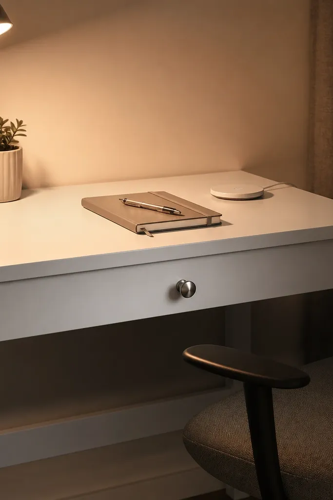 Minimal desk with a hidden under-top drawer and warm lamp glow