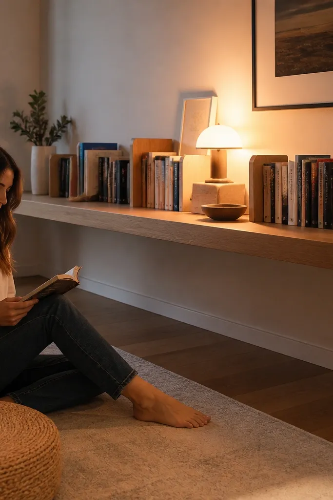 Long floating shelf desk with bookends and a warm desk lamp in a small room