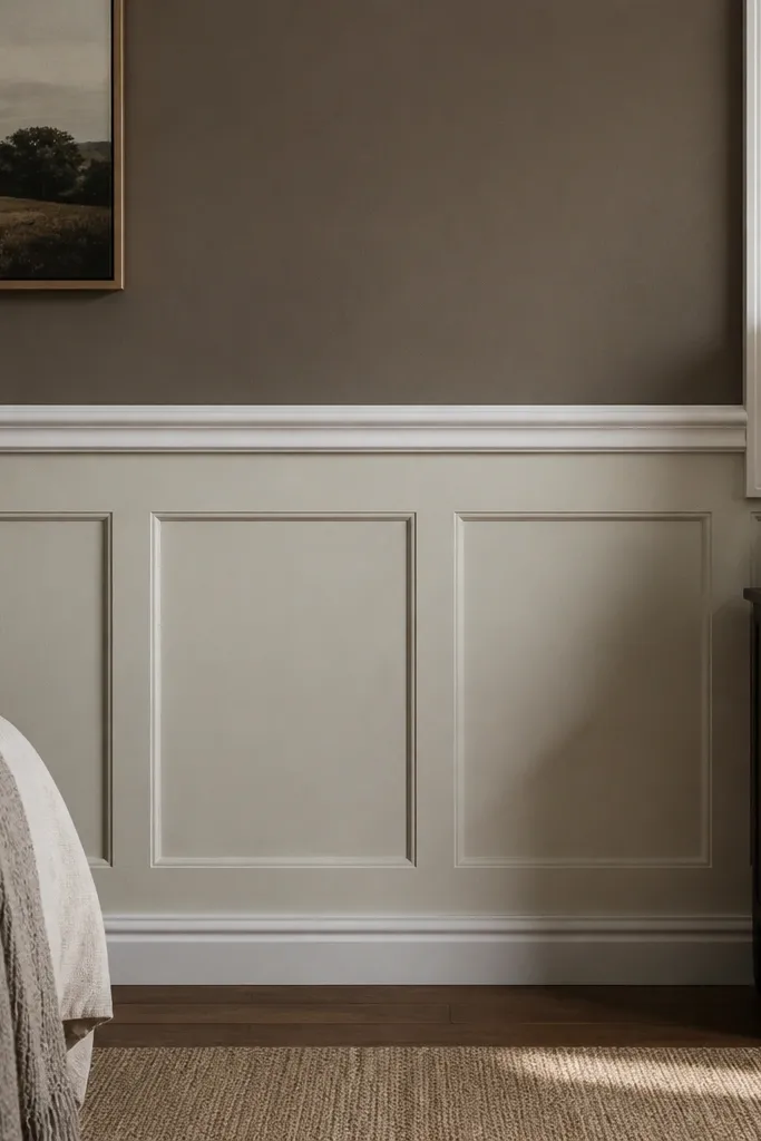 White shaker wainscoting with dark green lower panels and a 36-inch rail