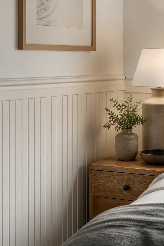 White beaded board wainscoting with a thin border around the panels