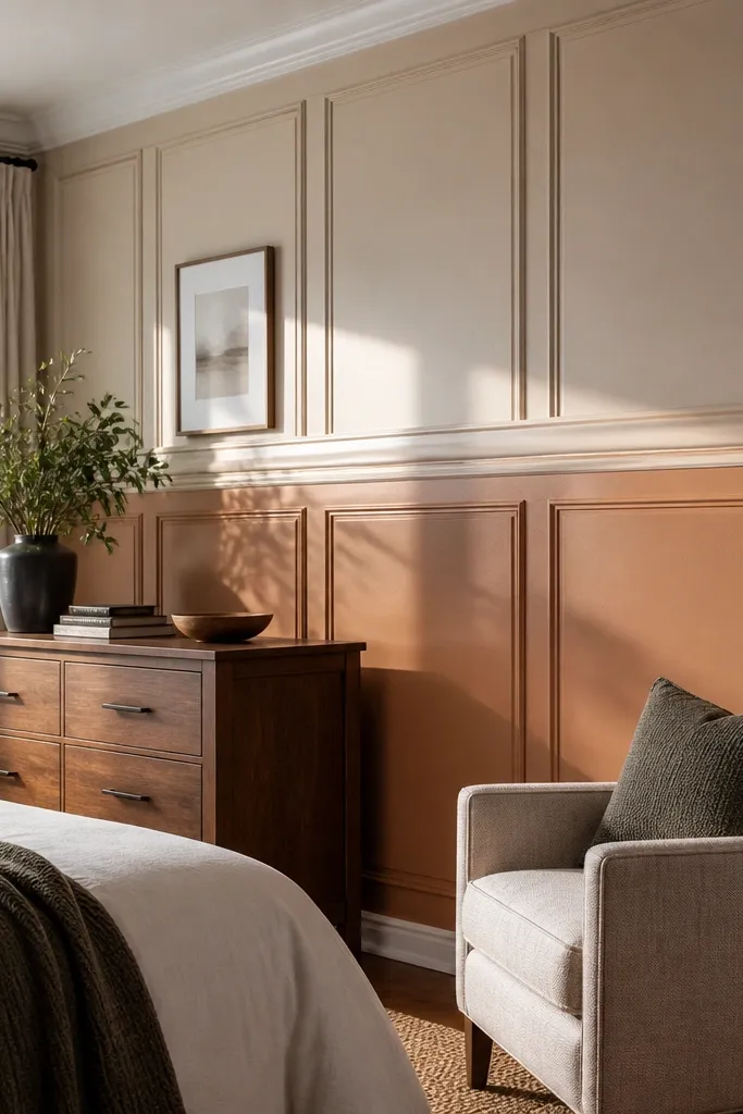 Wainscoting with three warm paint tones inside rectangular panels
