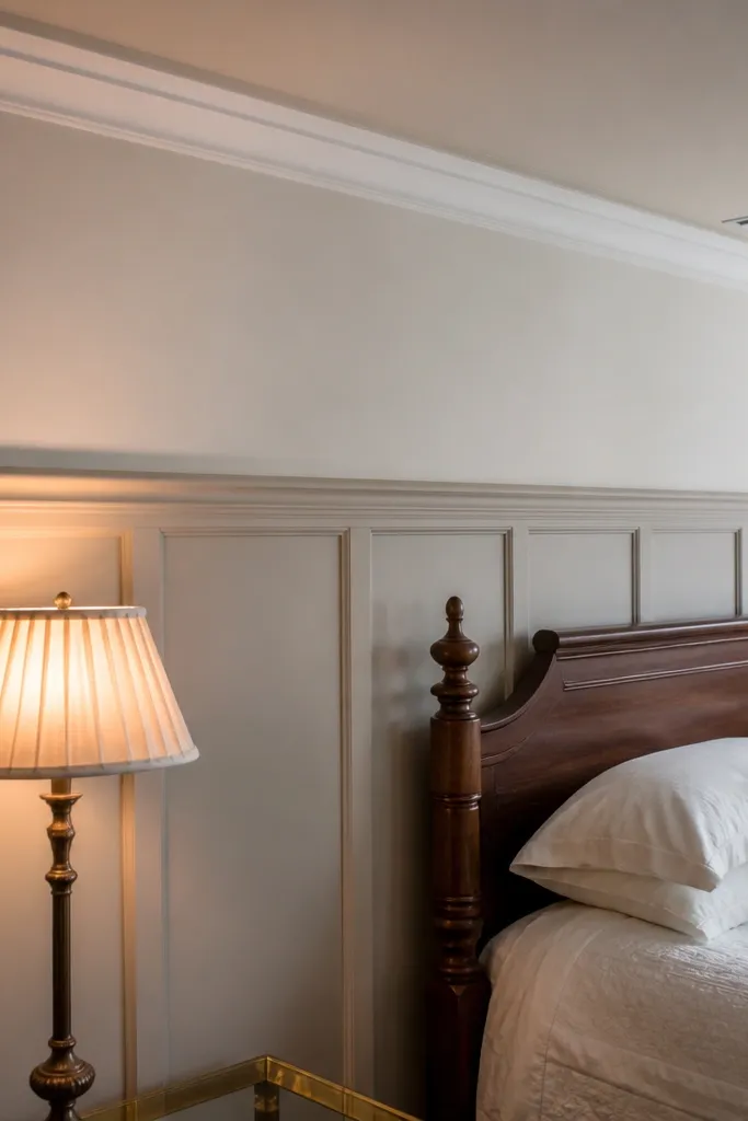White wainscoting with a taller border near the ceiling and softer panel spacing