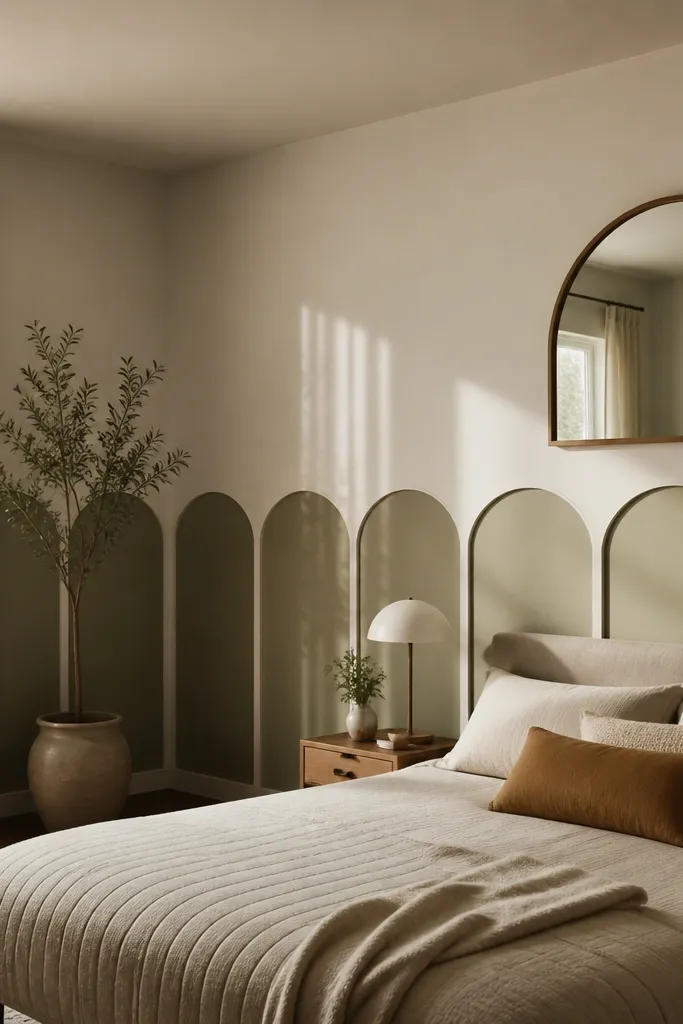White wainscoting with arched tops on the lower wall panels