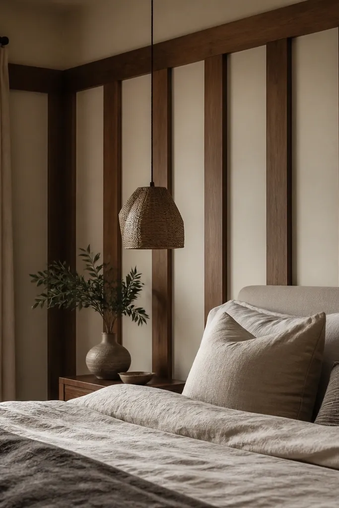 Board and batten wainscoting with thick vertical battens and a cozy neutral paint