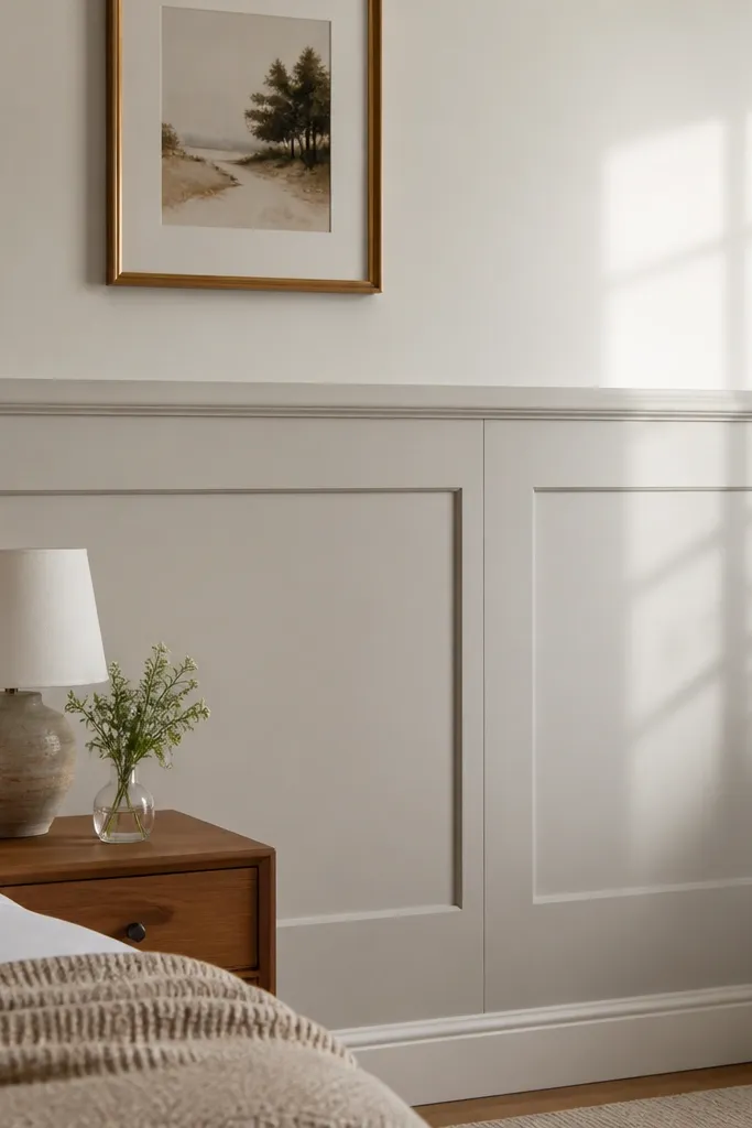 Rounded cove trim wainscoting with shallow panels and warm neutral tones