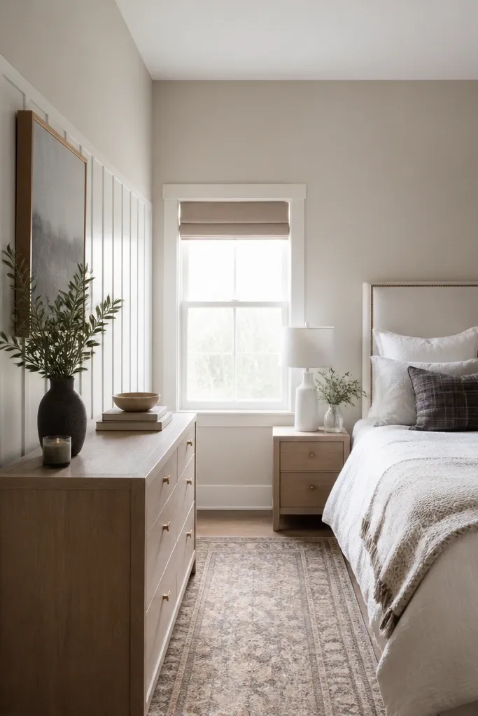 Vertical wainscoting strips on a bedroom wall with a chair rail and warm white paint