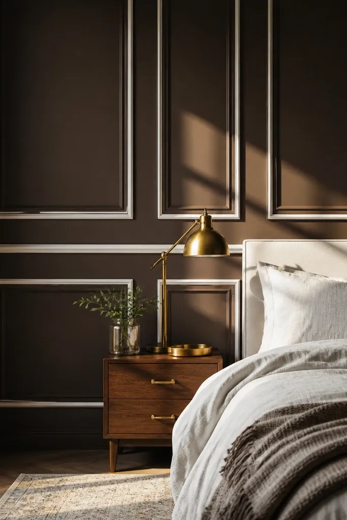 White raised panel wainscoting on a dark lower wall