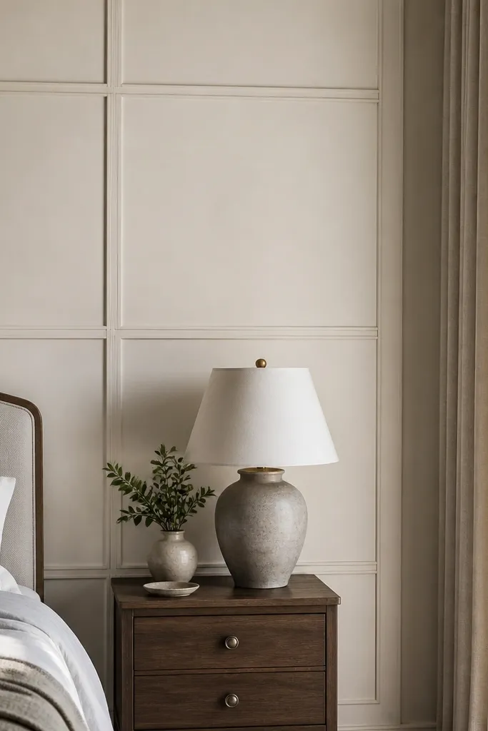 White molding grid wainscoting with framed rectangles on the wall