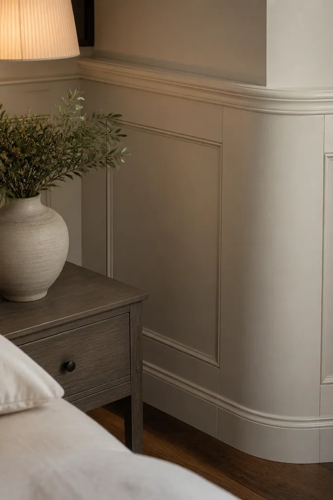 Wainscoting with rounded trim corners and framed panels on a bedroom wall