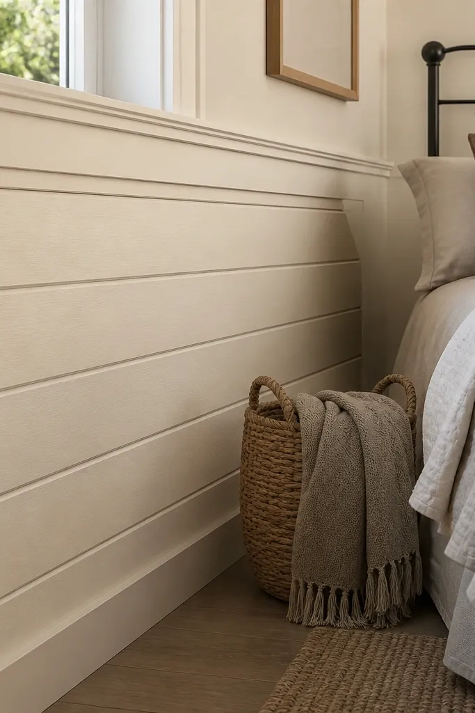 Beveled shiplap wainscoting under a chair rail with warm white trim