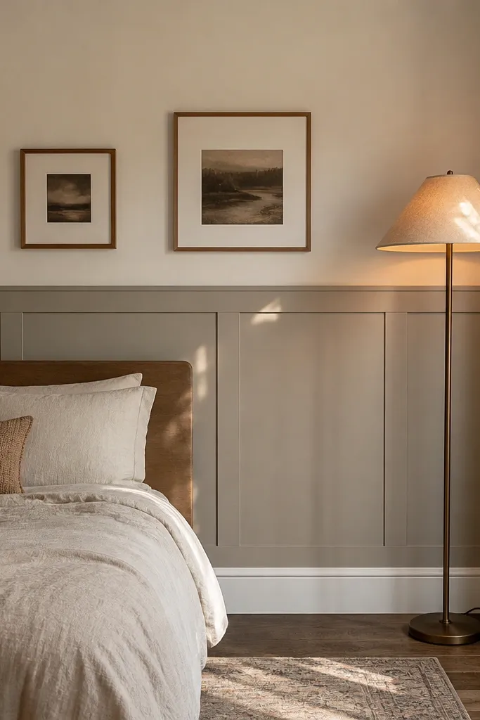 Half-wall wainscoting with a wide base rail and simple framed squares