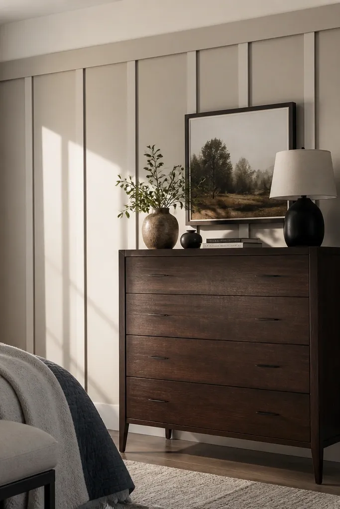 Wainscoting with vertical panels topped by a thicker horizontal cap border