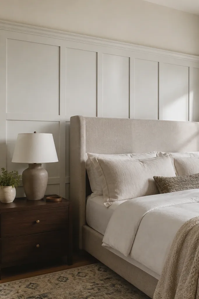 Tall wainscoting grid with a narrow chair rail and clean white trim