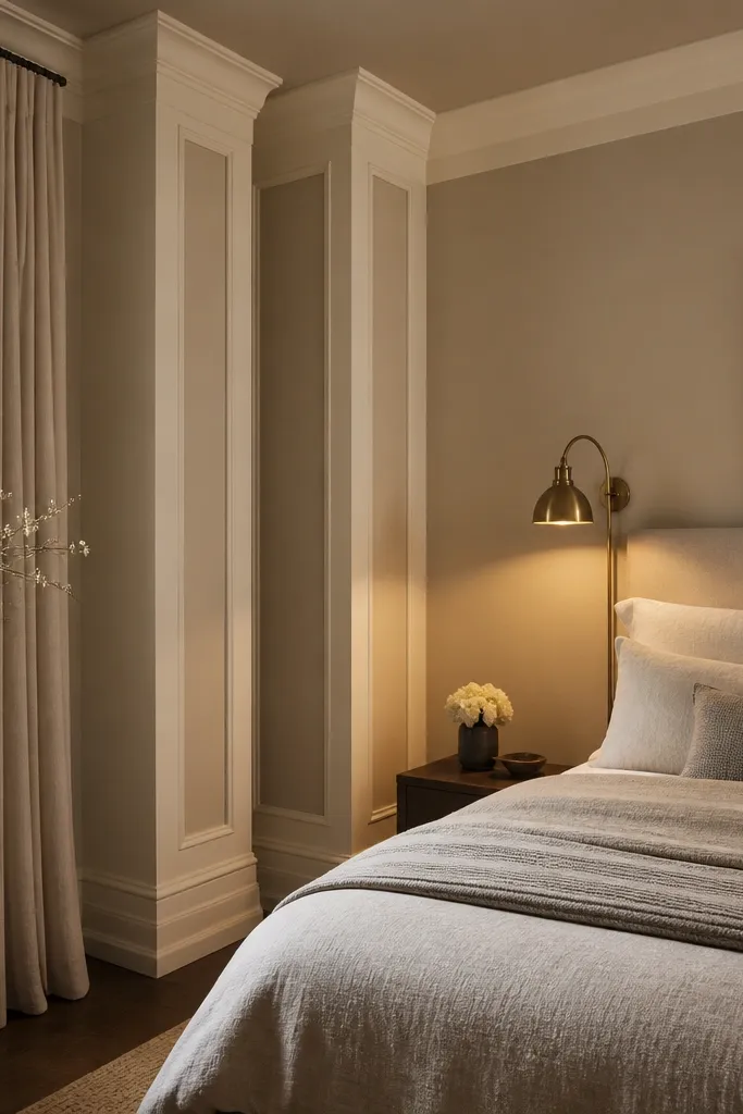 Wainscoting with two framed columns near corners and a chair rail base