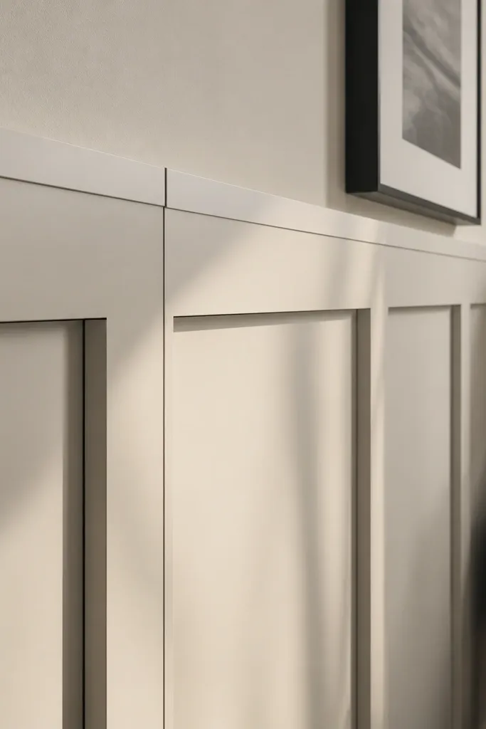 Shadow-line wainscoting with tight reveals and crisp mitered trim lines