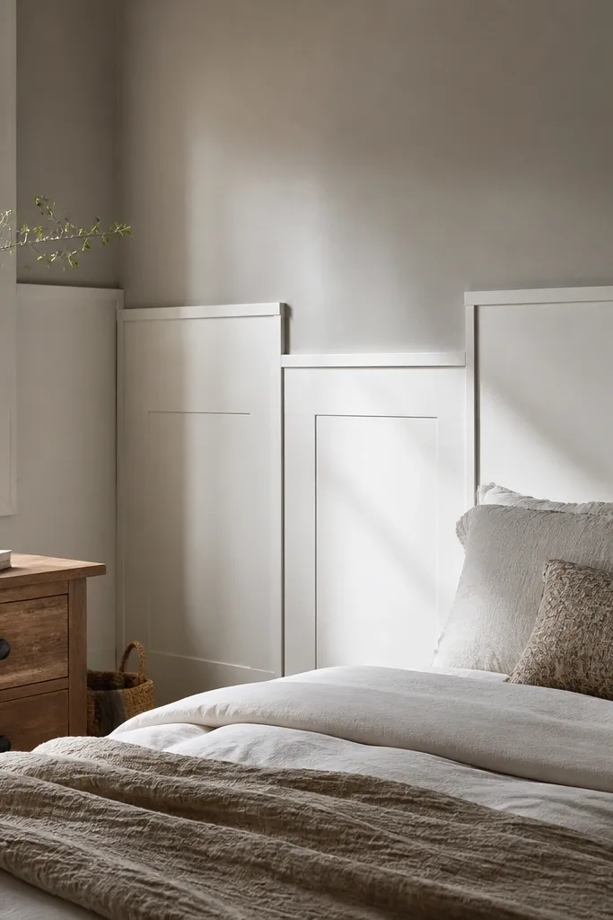 Staggered wainscoting panels with alternating heights and a cozy warm paint