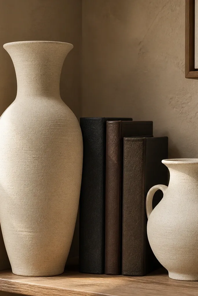 Two shelves with dark books and cream ceramic vases spaced apart