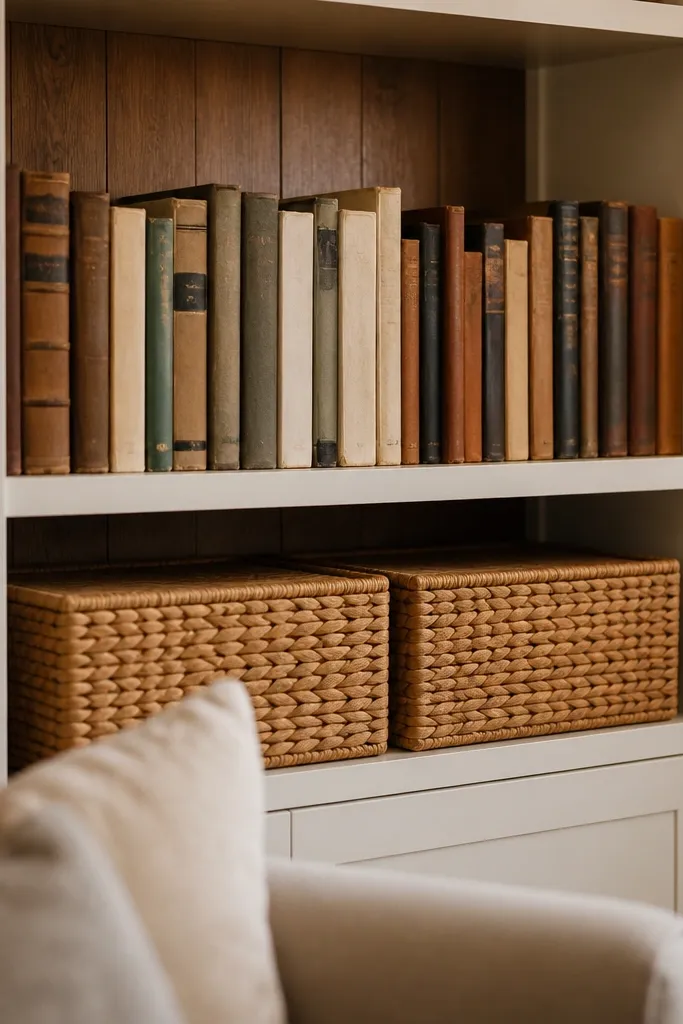 Woven baskets in lower shelves with stacked books above