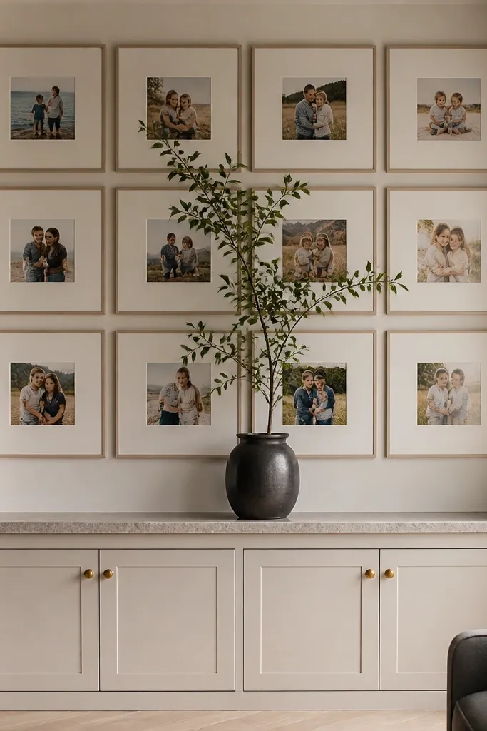 A built-in shelf with framed photos in a grid and one tall plant