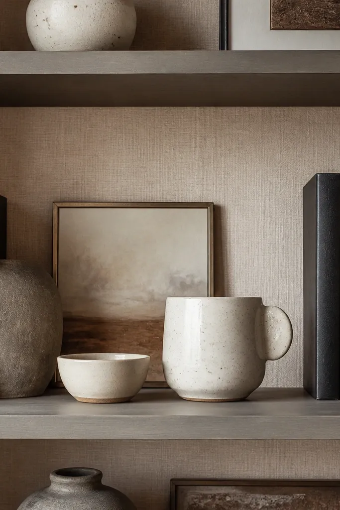 Shelves lined with warm linen behind books and ceramics
