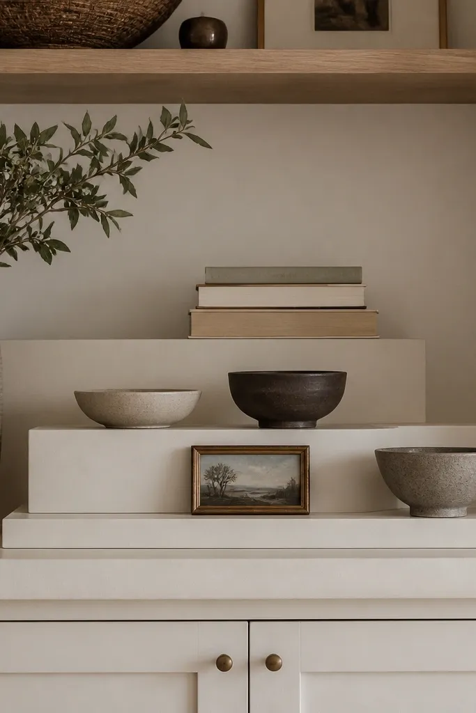 Stacked risers showing books on top with bowls and small art