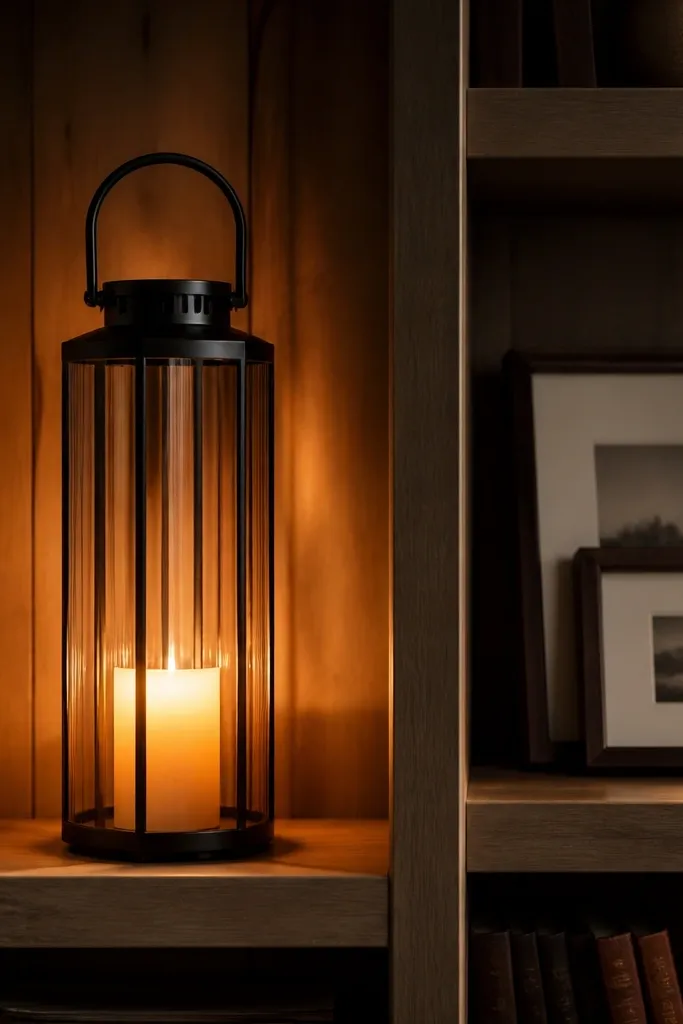 A tall lantern on a shelf with shorter stacked frames beside it