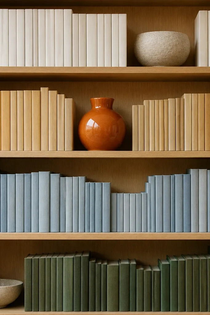 Books grouped by color blocks with one contrast vase
