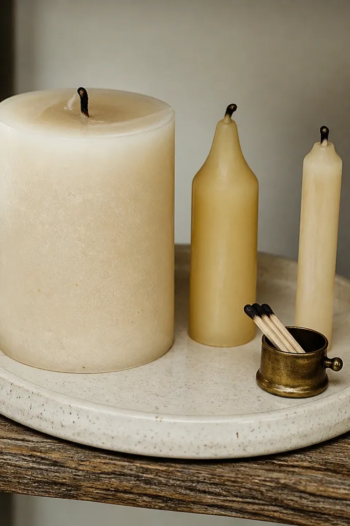 A ceramic tray holding candles of different heights on shelves